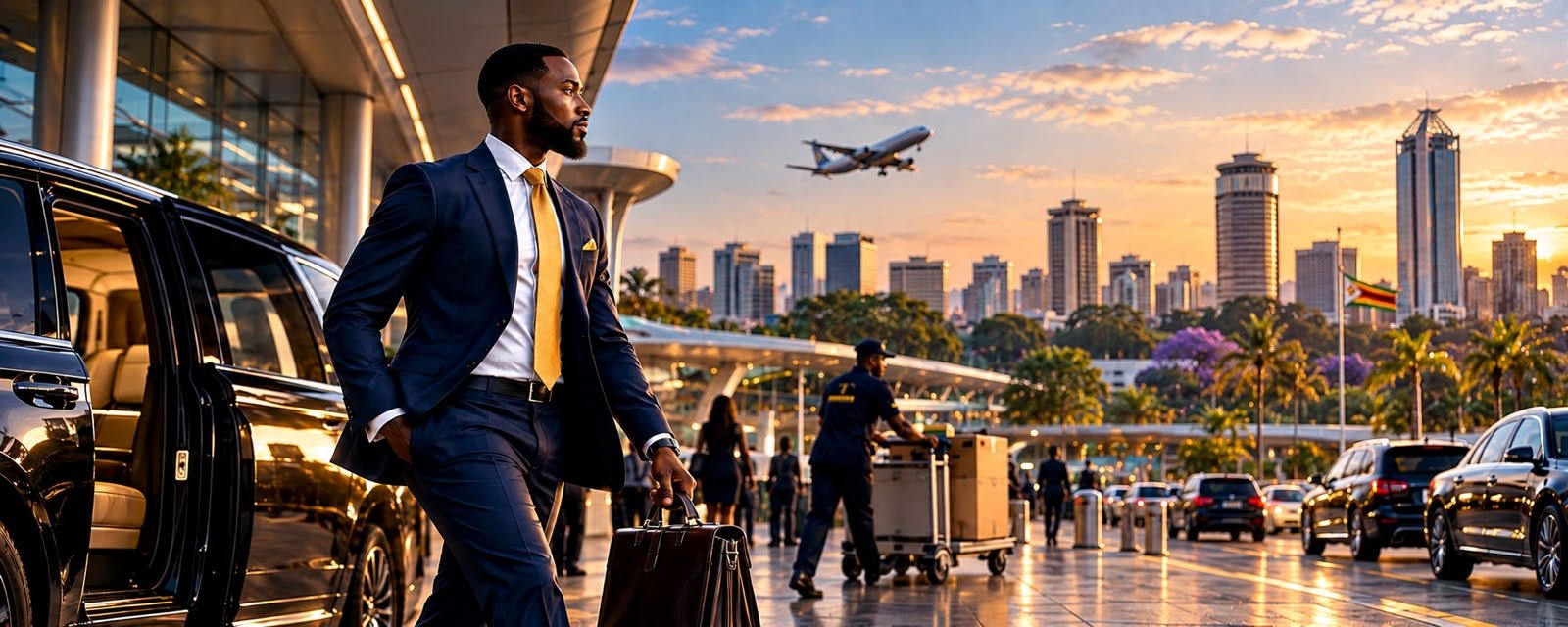 MIDMEN client departing for the airport with Harare skyline behind